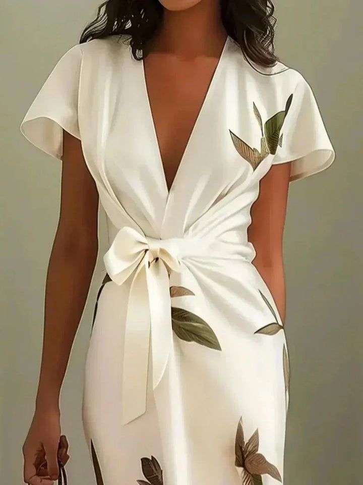 Alina | White satin midi dress with short sleeves