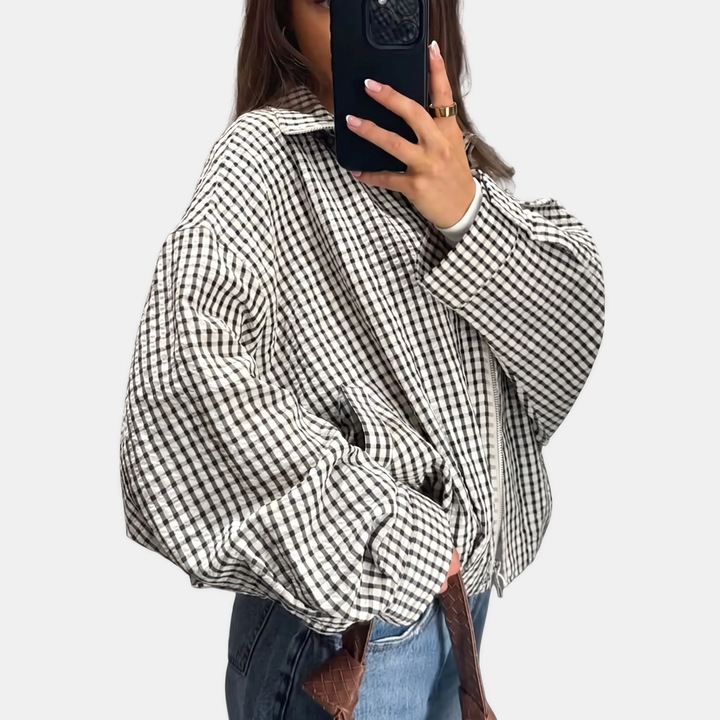 Women's Oversized Drop Shoulder Plaid Cropped Jacket