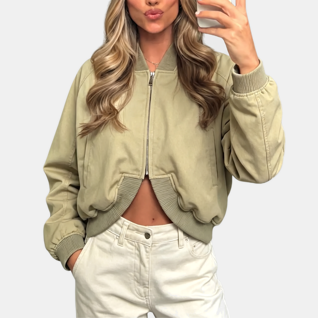Women's Cropped Full Zip Bomber Jacket with Ribbed Collar