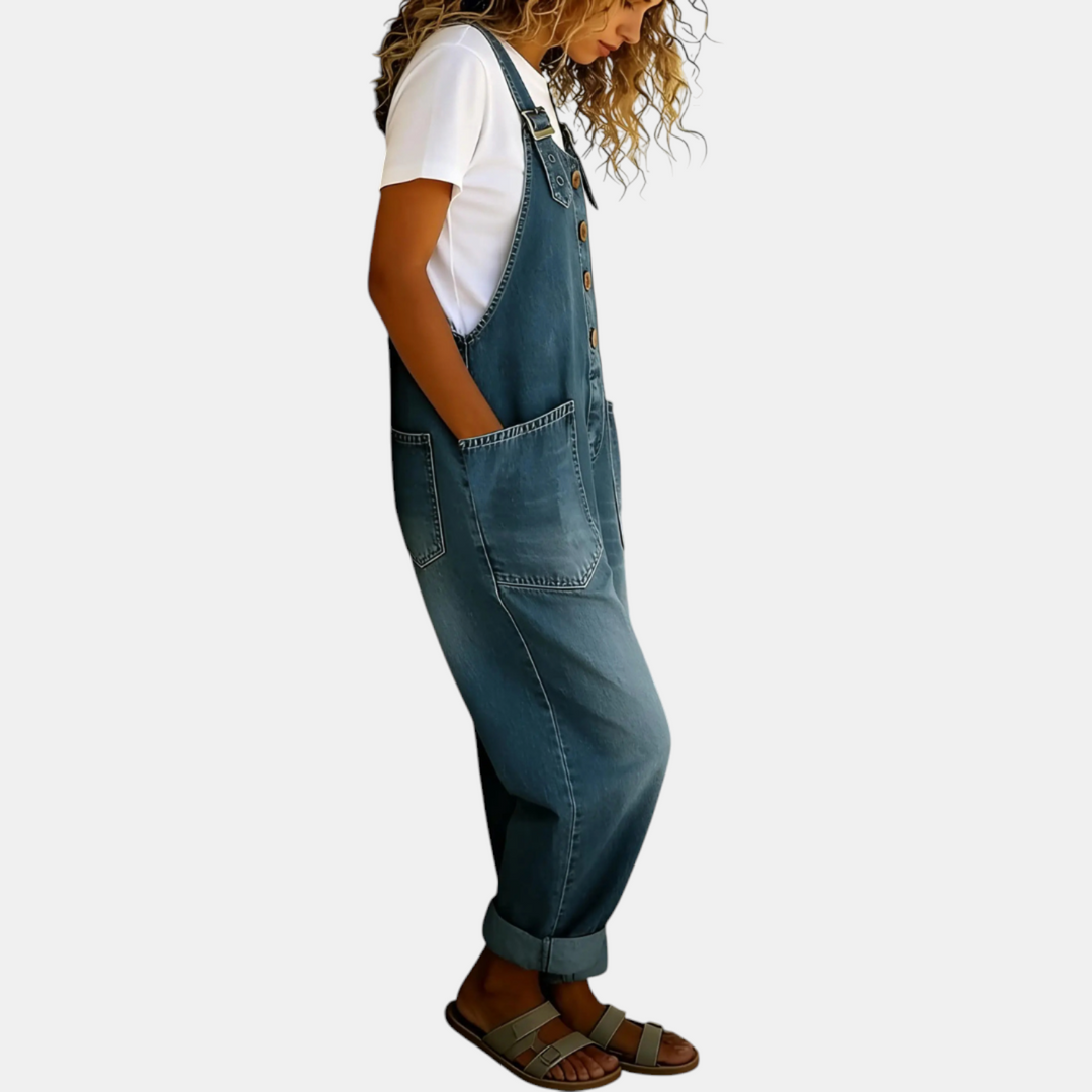 Women's Washed Loose Fit Bib Overall Wide Leg Denim Jumpsuit