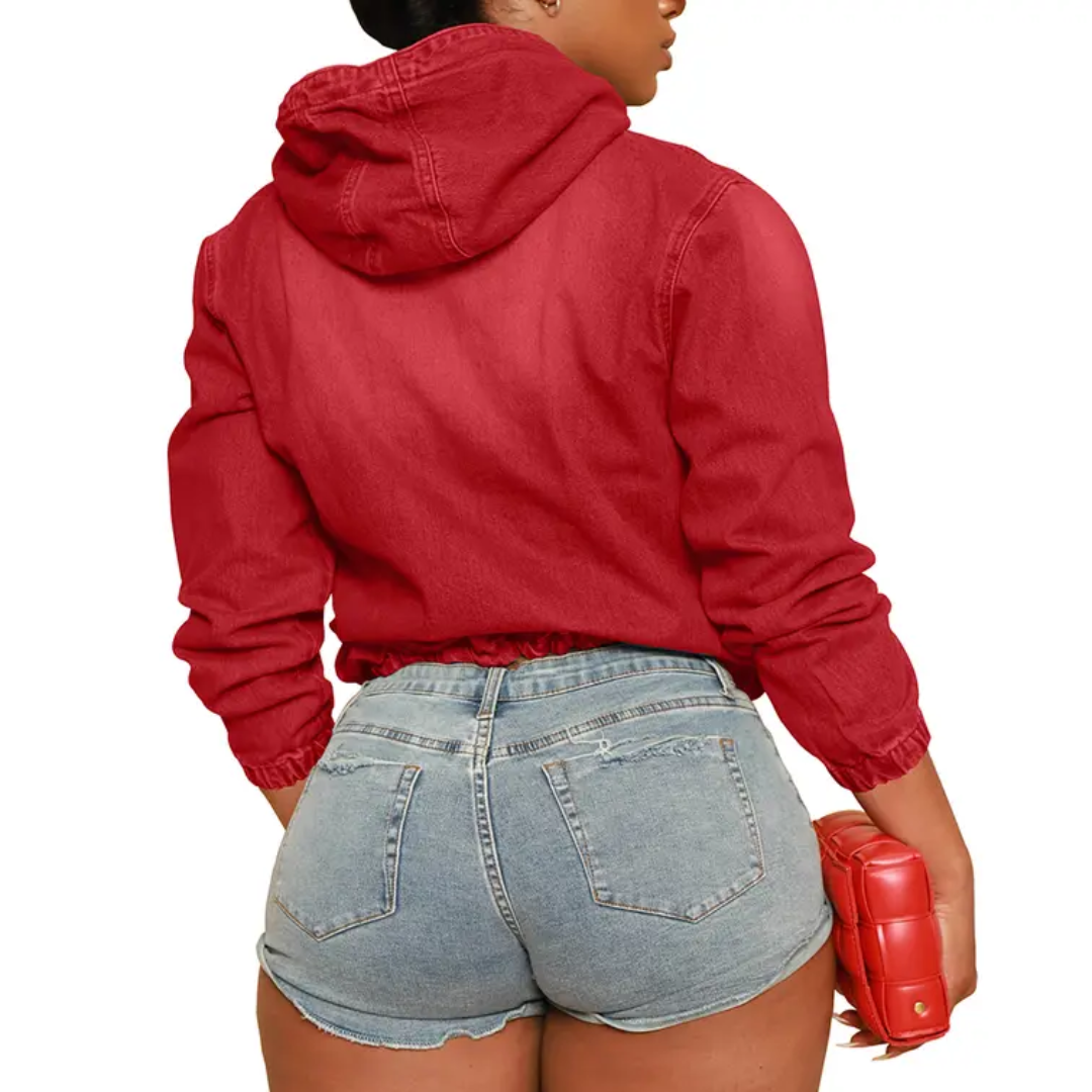 Isabelle | Moto-Inspired Hooded Denim Pullover Jacket
