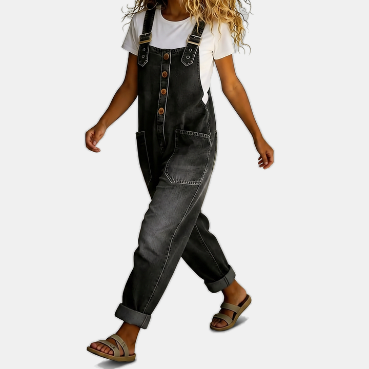 Women's Washed Loose Fit Bib Overall Wide Leg Denim Jumpsuit