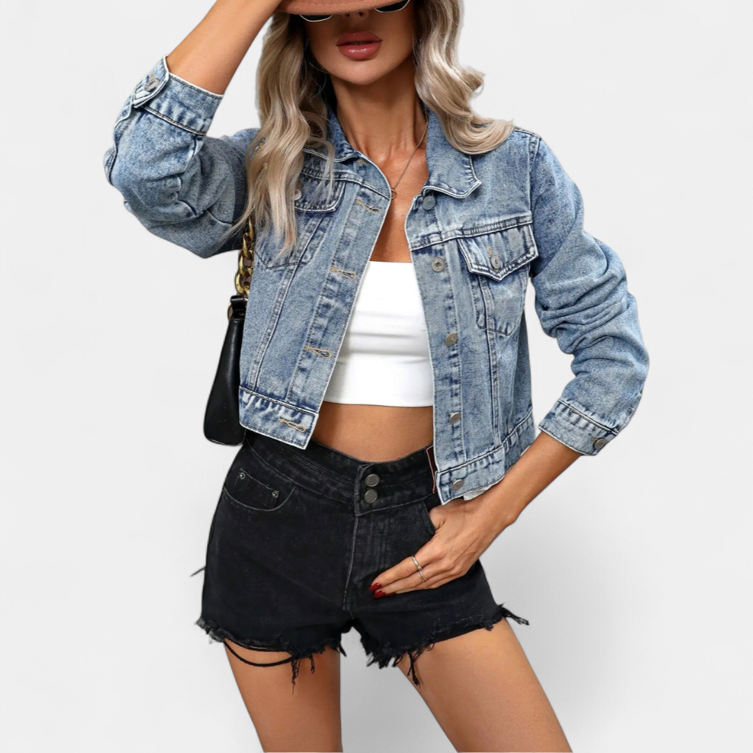Jacinta | Pearl-Studded Short Denim Jacket