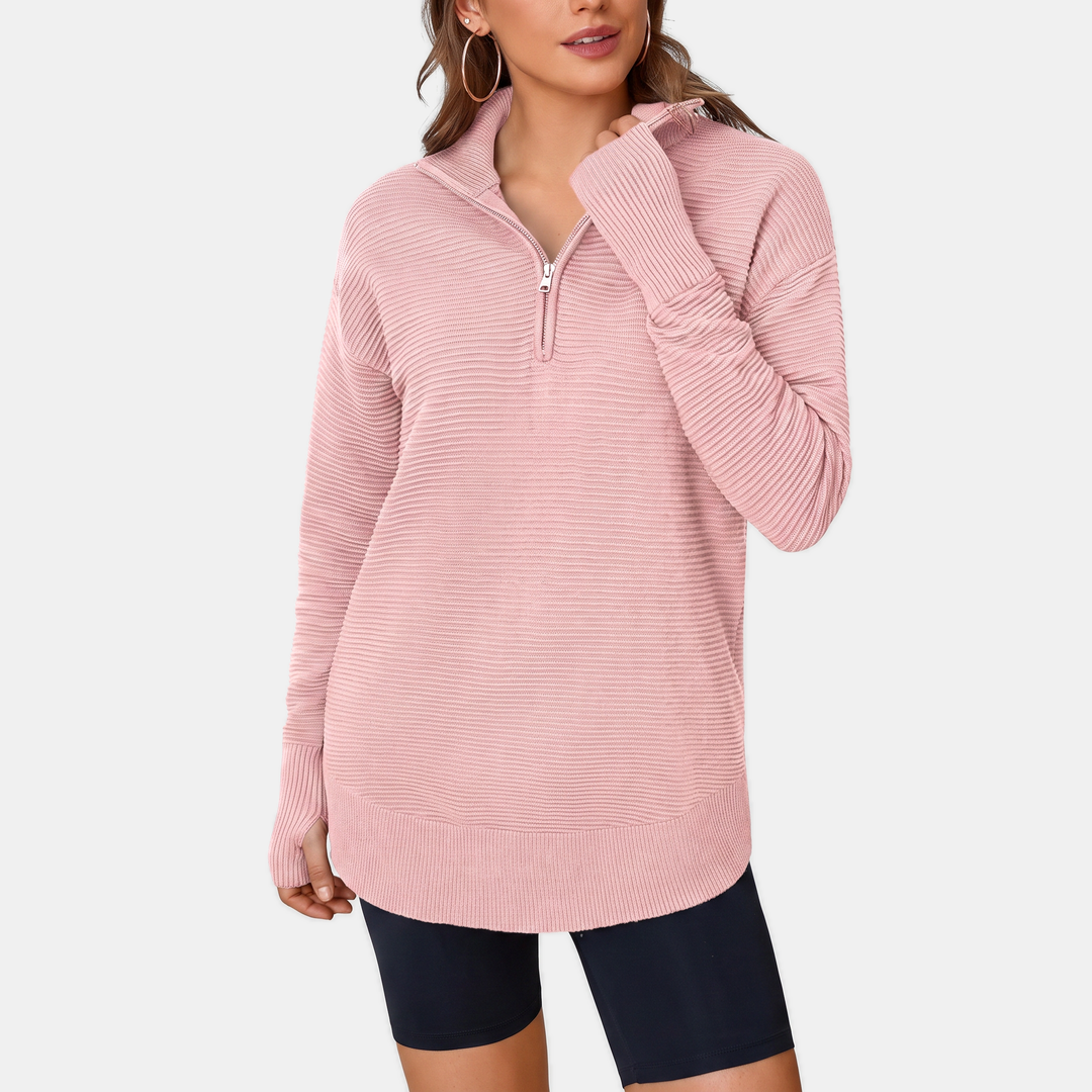 Women's Quarter Zip V Neck Ribbed Knit Pullover Sweater