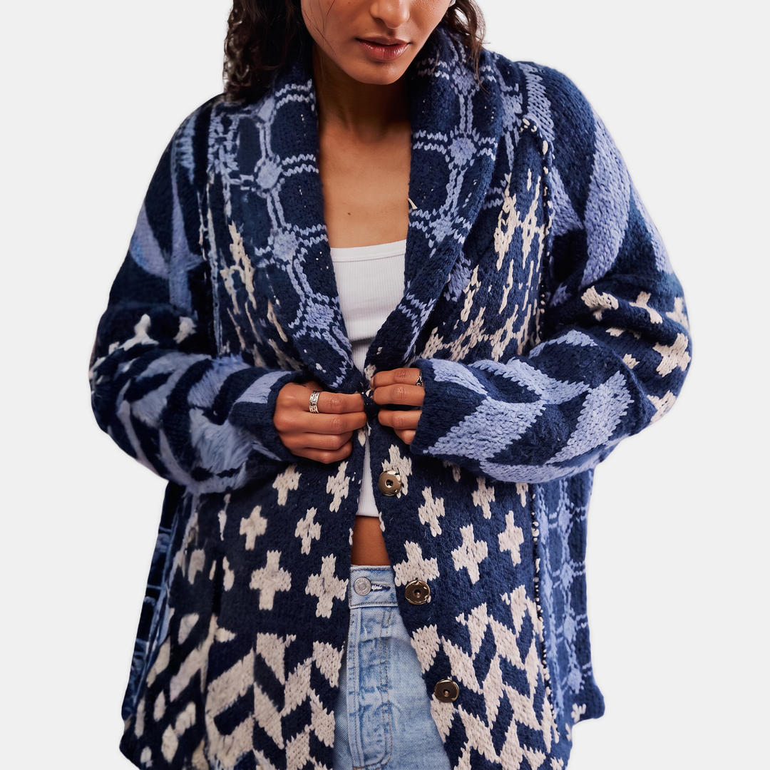 Women's Y2K Abstract Print Lapel Button Down Oversized Knit Cardigan