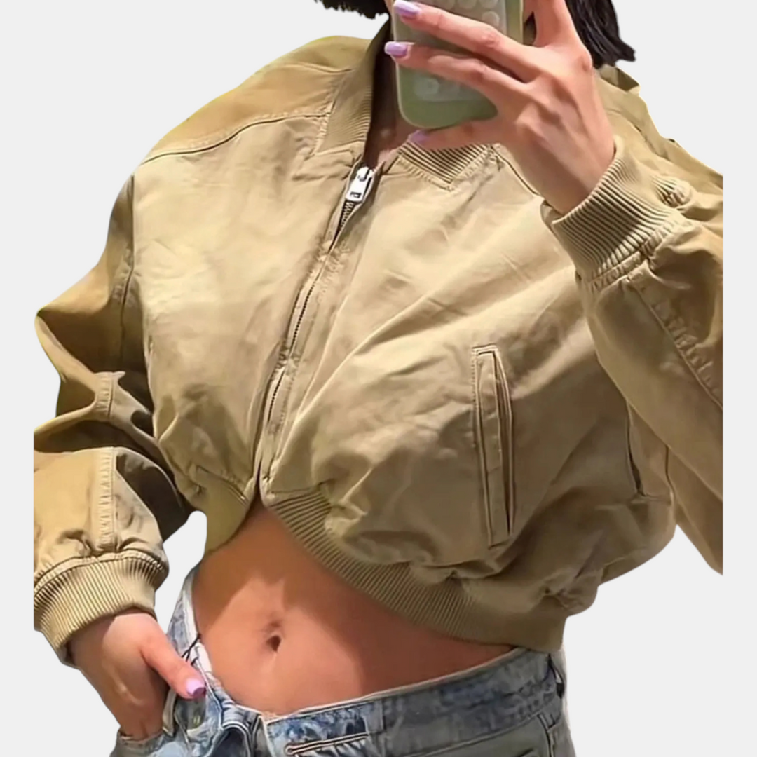 Women's Cropped Full Zip Bomber Jacket with Ribbed Collar