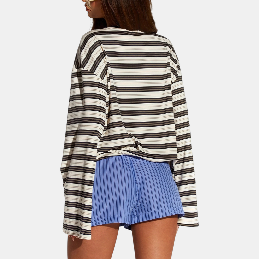 Women's Colour Block Striped Long Sleeve Round Neck Fitted Top