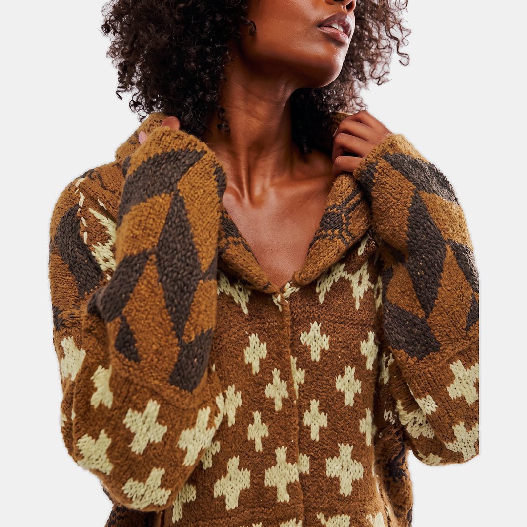 Women's Y2K Abstract Print Lapel Button Down Oversized Knit Cardigan