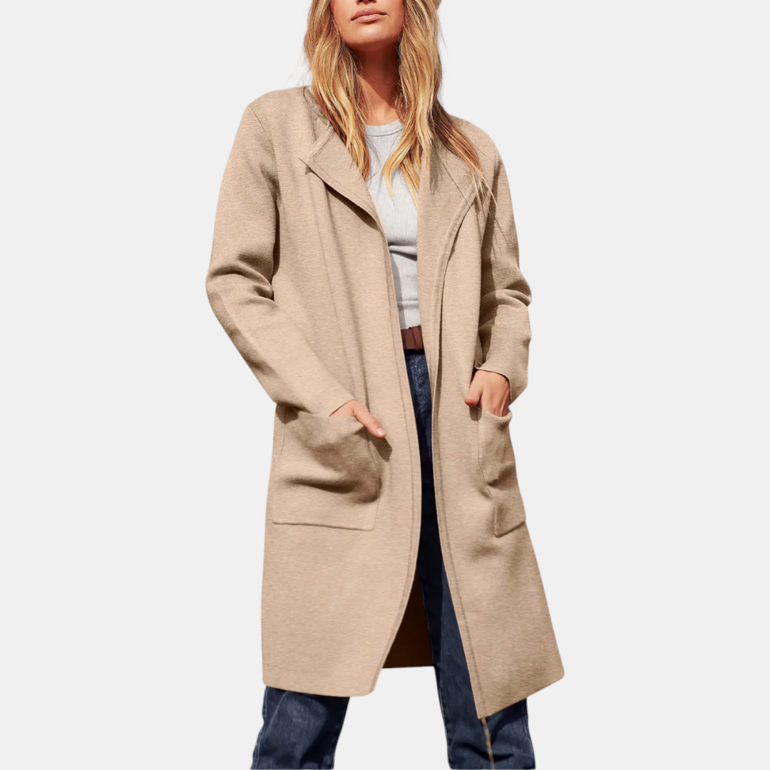 Women's Suit Collar Open Front Longline Knit Cardigan