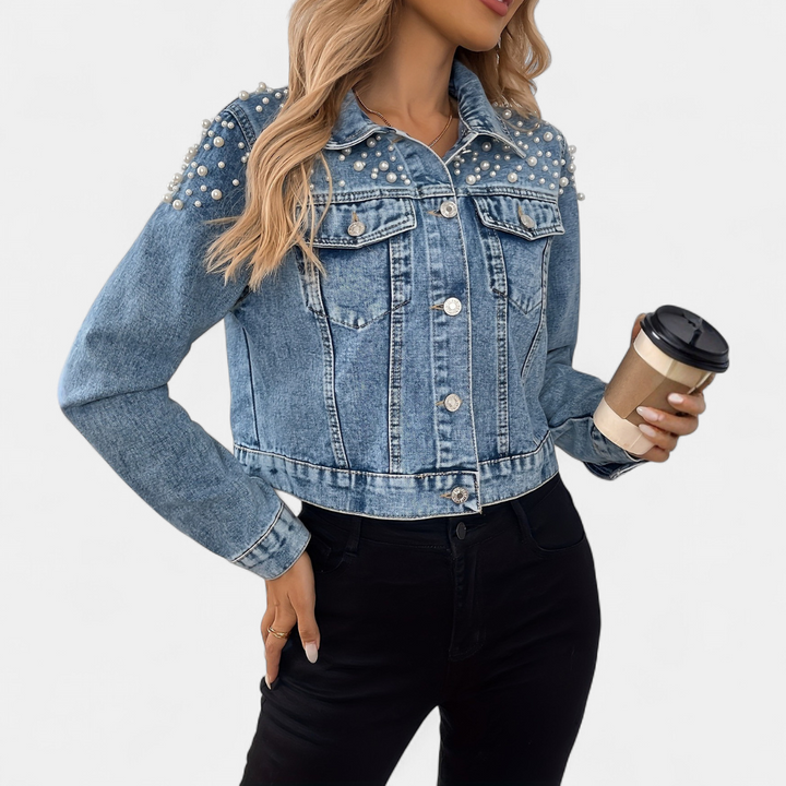 Jacinta | Pearl-Studded Short Denim Jacket