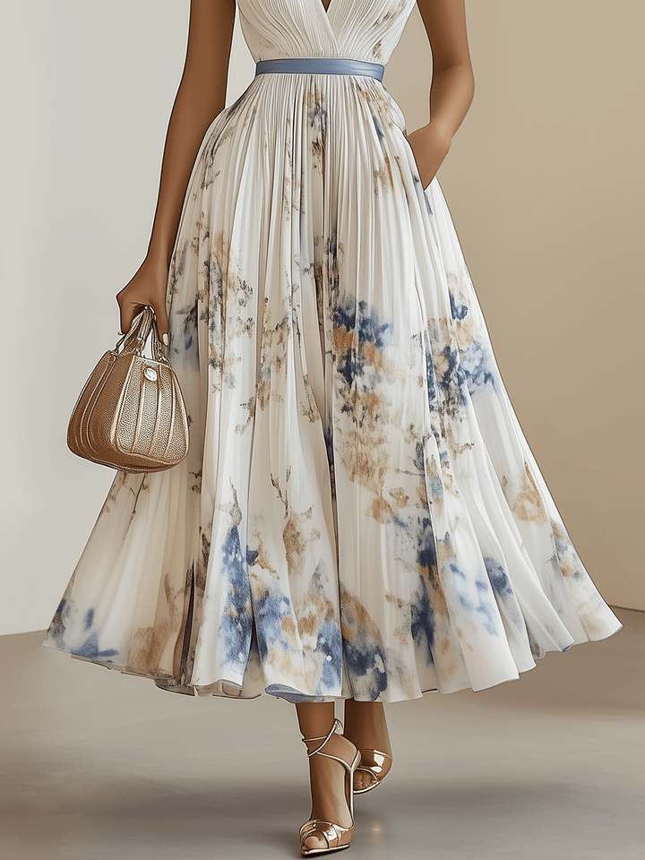 Birgit | Pleated chiffon midi dress with white floral pattern and V-neck
