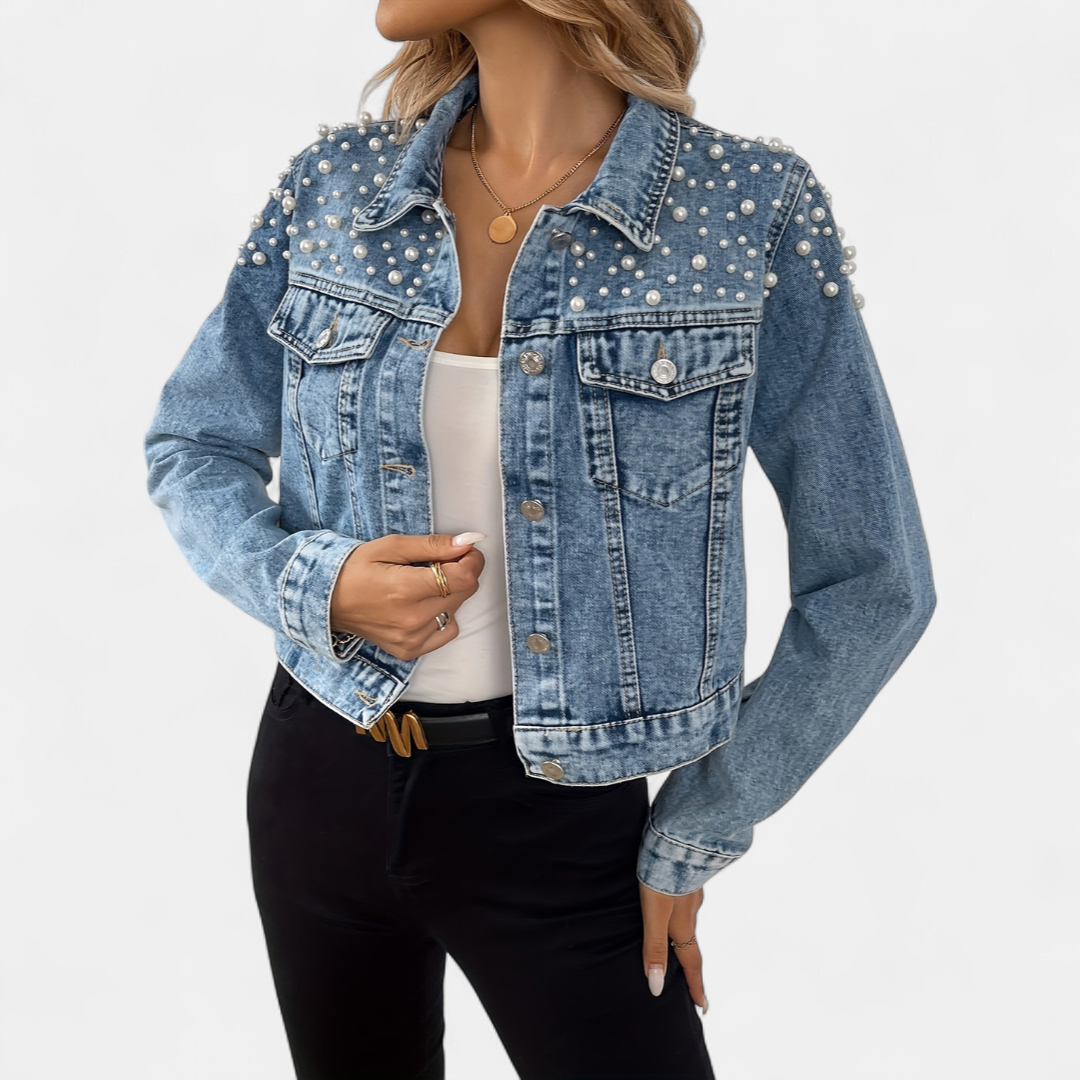 Jacinta | Pearl-Studded Short Denim Jacket