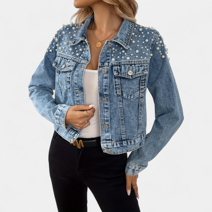 Jacinta | Pearl-Studded Short Denim Jacket