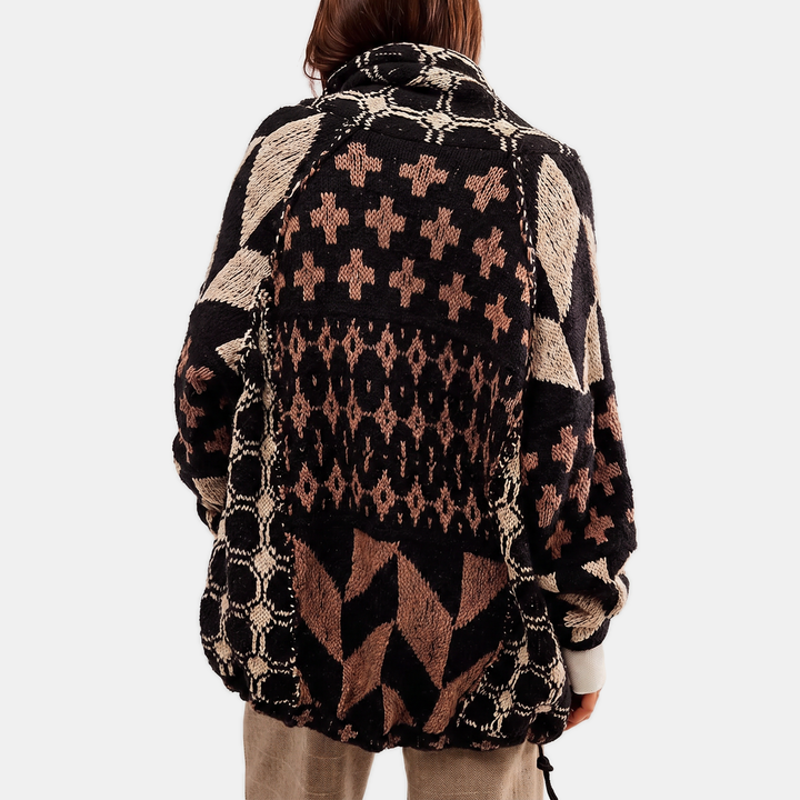 Women's Y2K Abstract Print Lapel Button Down Oversized Knit Cardigan