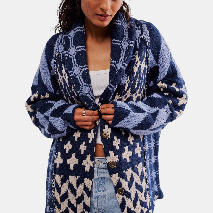 Women's Y2K Abstract Print Button Down Oversized Knit Cardigan