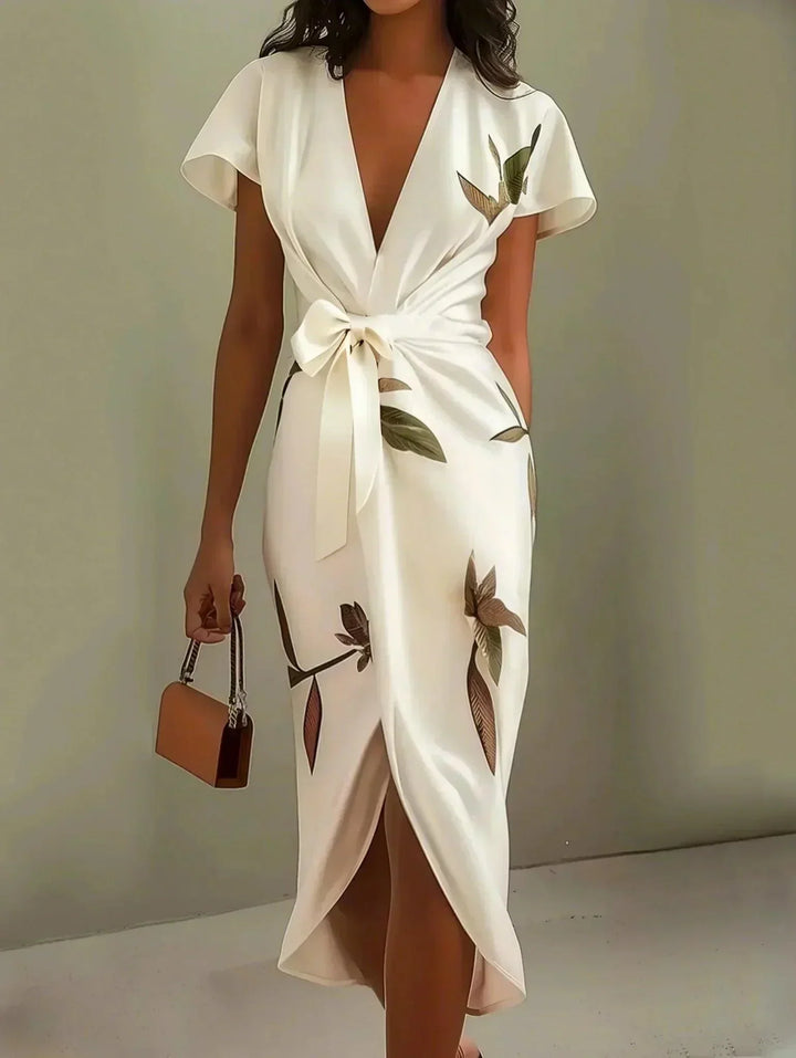 Alina | White satin midi dress with short sleeves