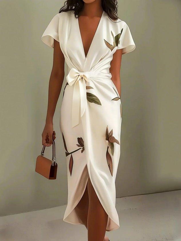 Alina | White satin midi dress with short sleeves