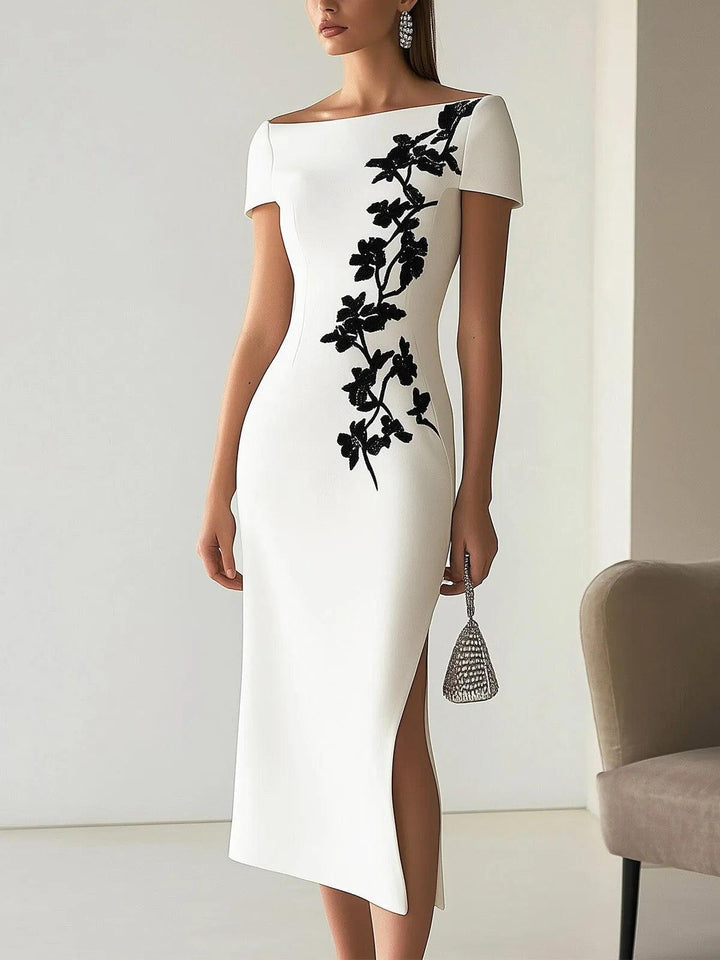 Heike | Chic midi dress with a floral print and a boat neckline