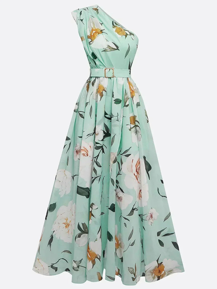 Olivia | Maxi dress chiffon with floral pattern with free shoulders light green
