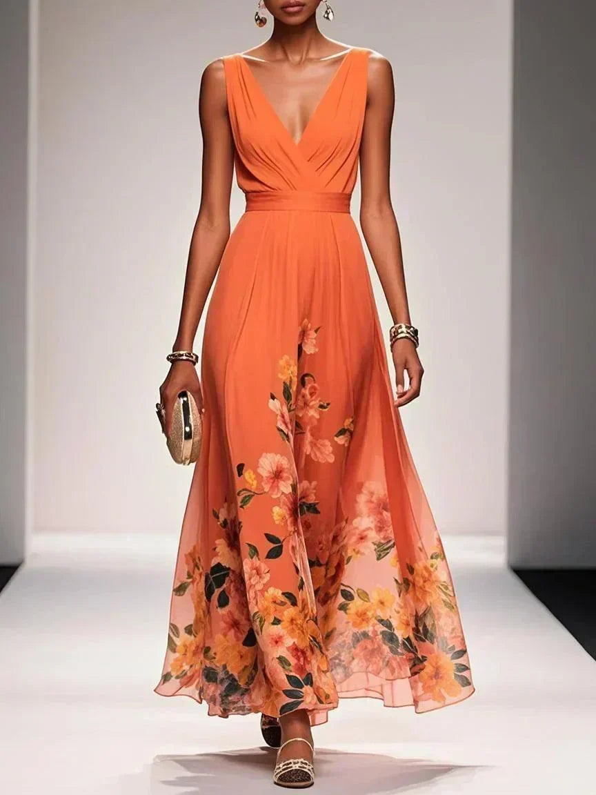 Zoe | Maxi dress made of chiffon with flowers light blue and V-neck