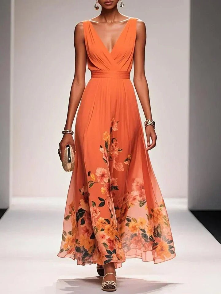 Zoe | Maxi dress made of chiffon with flowers light blue and V-neck