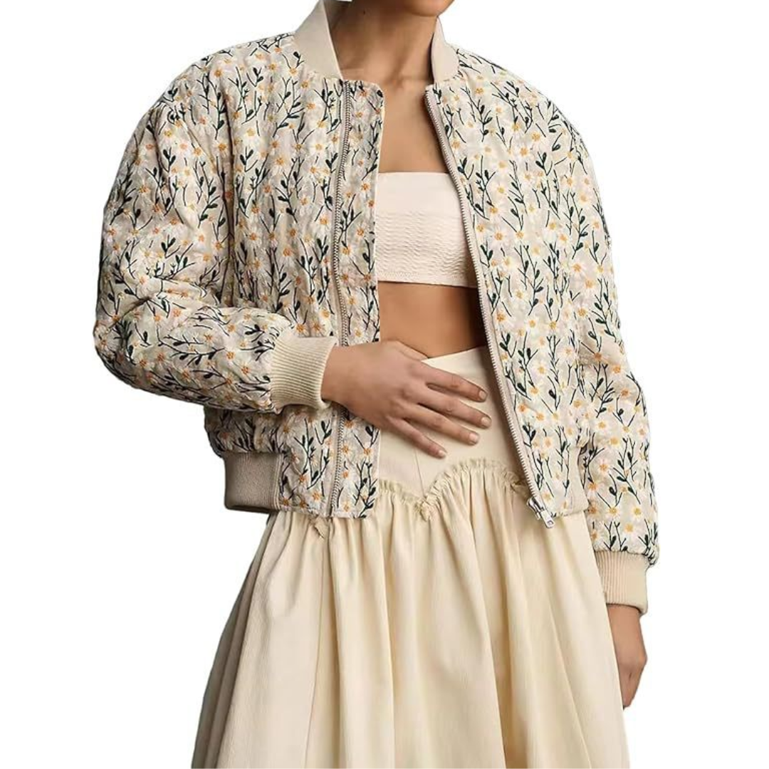 Kristy | Daisy Print Quilted Cropped Bomber Jacket