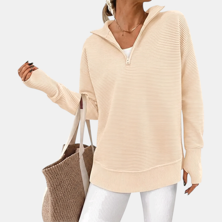 Women's Quarter Zip V Neck Ribbed Knit Pullover Sweater