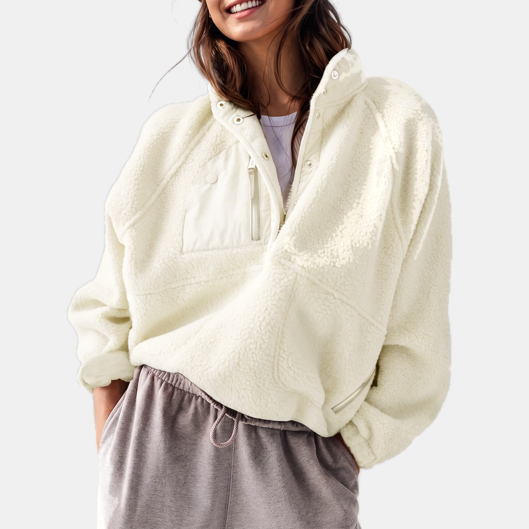 Women's Fleece Stand Collar Zip Up Cropped Jacket with Pockets