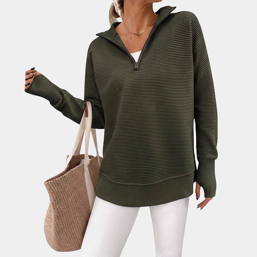 Women's Quarter Zip V Neck Ribbed Knit Pullover Sweater