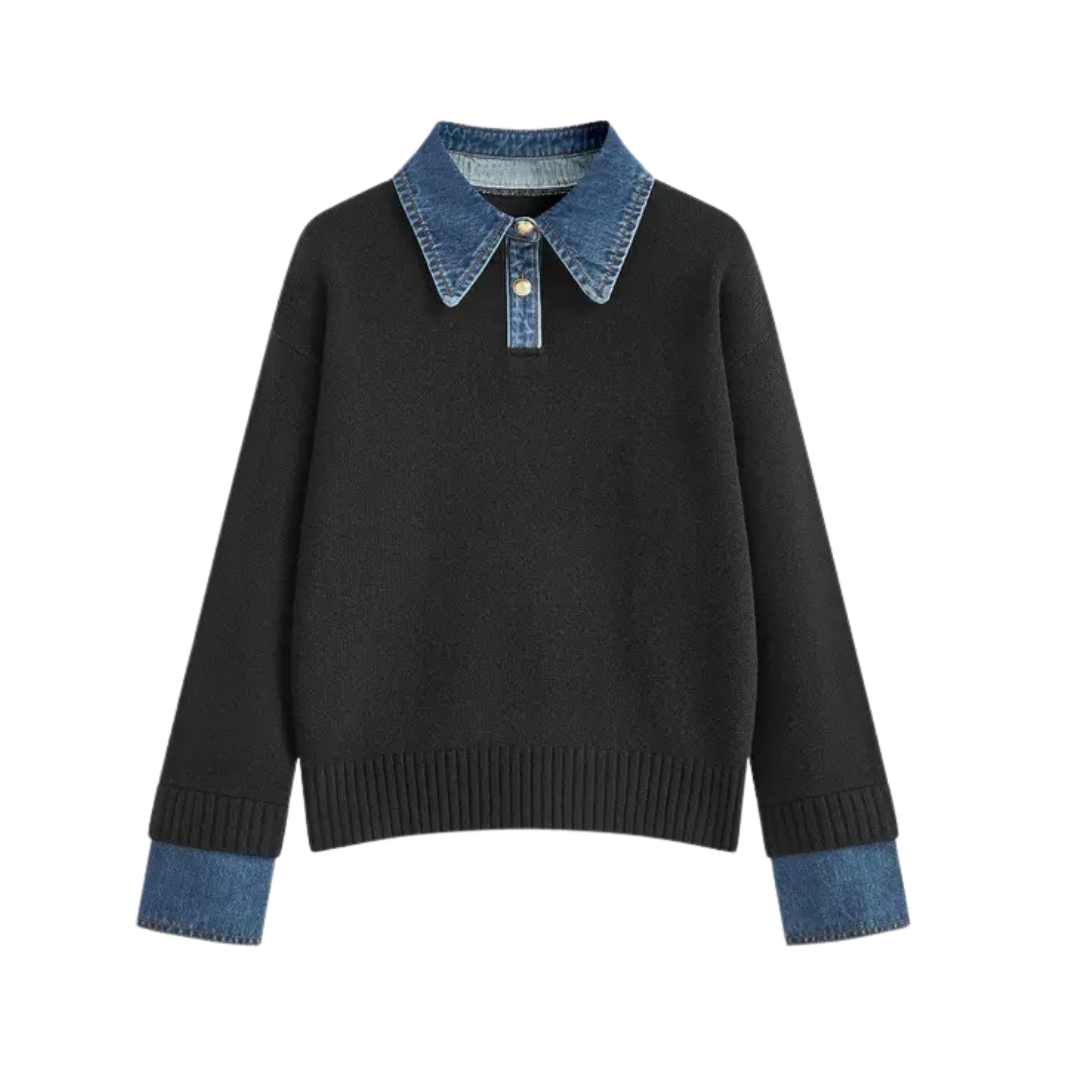 Matilda | Cosy Polo Denim Sleeve 2 in 1 Panel Lapel Sweater