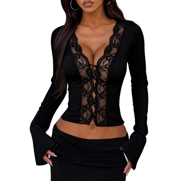 Vanessa | Contrast Lace Button-Front Tee Blouse