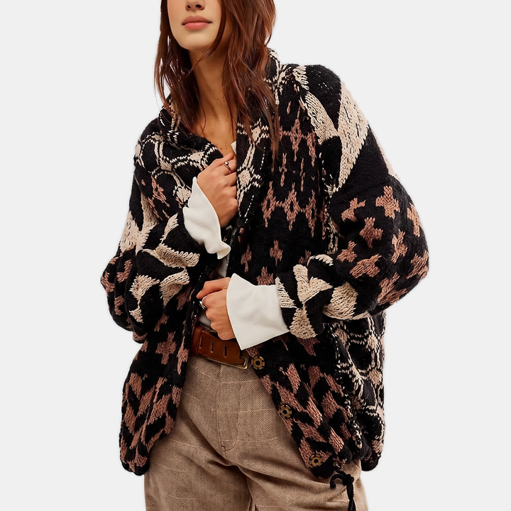 Women's Y2K Abstract Print Lapel Button Down Oversized Knit Cardigan