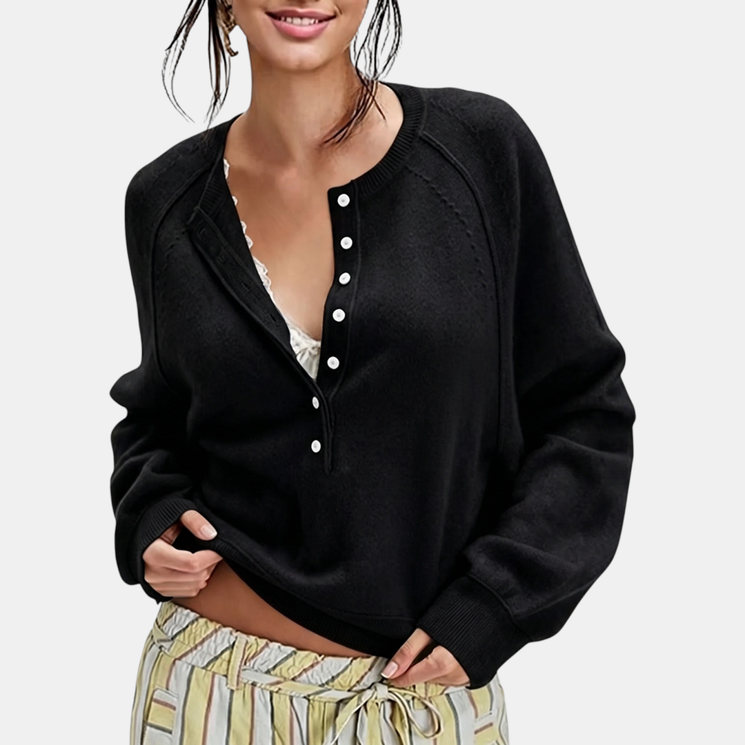 Women's Half Button Henley Neck Ribbed Knit Pullover Sweater