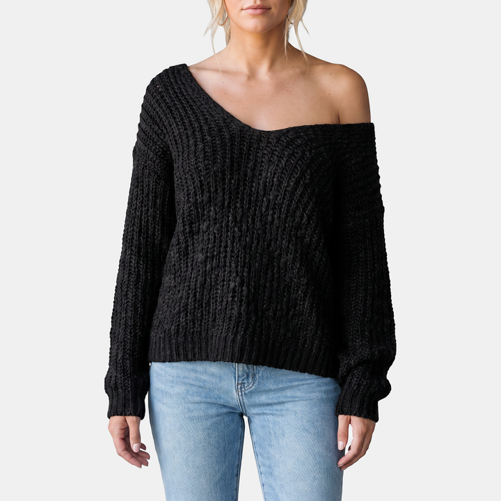 Women's Drop Shoulder Hollow Knit Pullover V | Neck Sweater