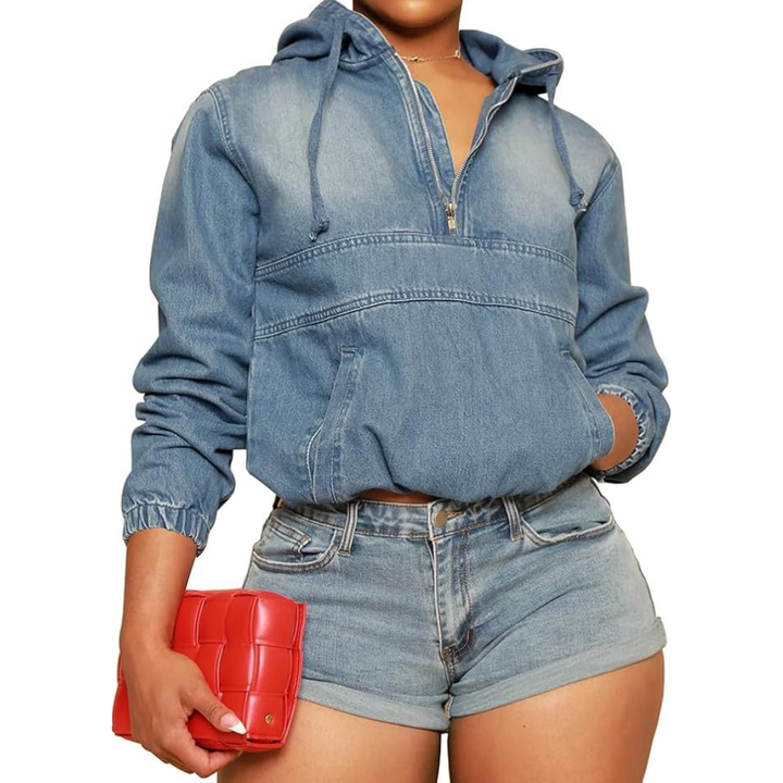 Isabelle | Moto-Inspired Hooded Denim Pullover Jacket