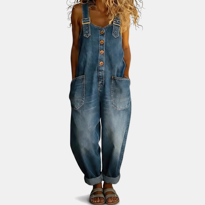 Women's Washed Loose Fit Bib Overall Wide Leg Denim Jumpsuit