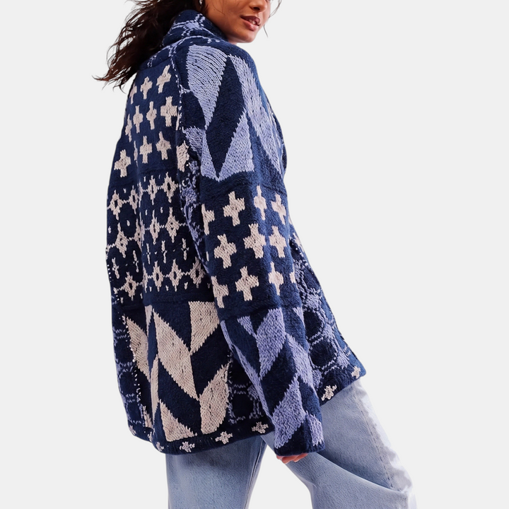 Women's Y2K Abstract Print Lapel Button Down Oversized Knit Cardigan