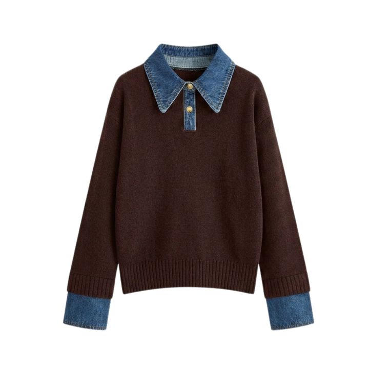 Matilda | Cosy Polo Denim Sleeve 2 in 1 Panel Lapel Sweater