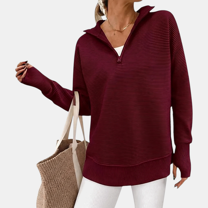 Women's Quarter Zip V Neck Ribbed Knit Pullover Sweater