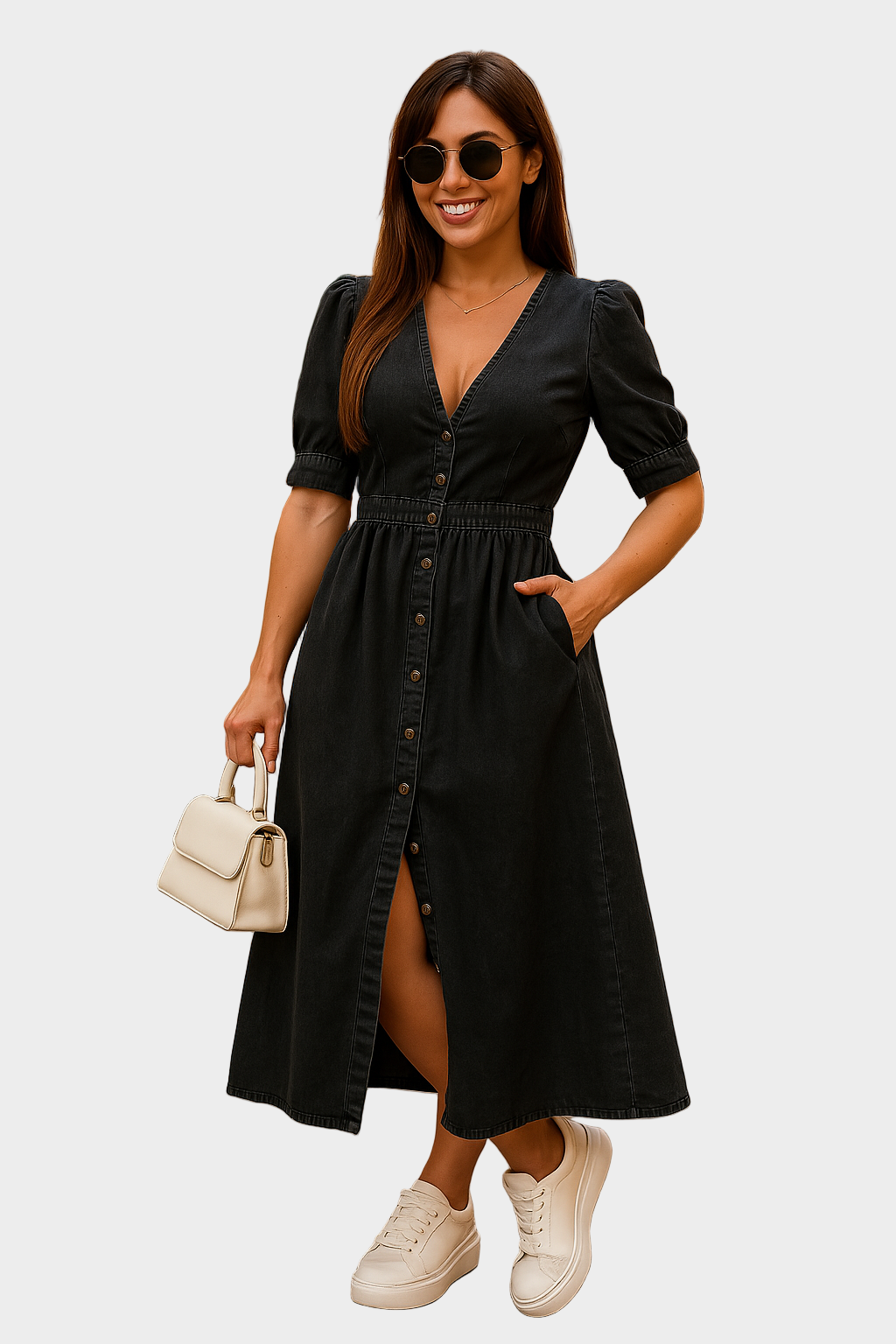 Lauren - Denim Maxi Dress with Buttons