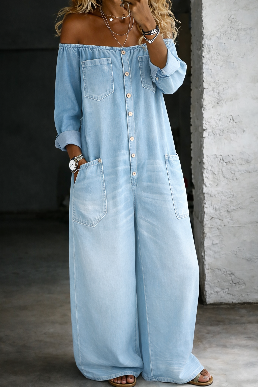Rose - Long Sleeve Jumpsuit with Exposed Shoulders