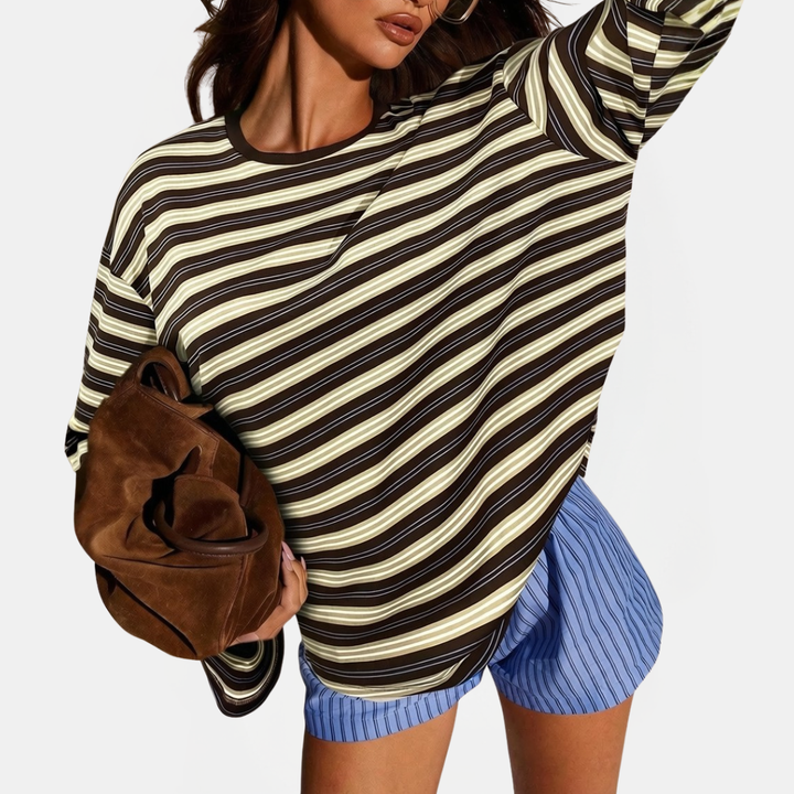 Women's Colour Block Striped Long Sleeve Round Neck Fitted Top