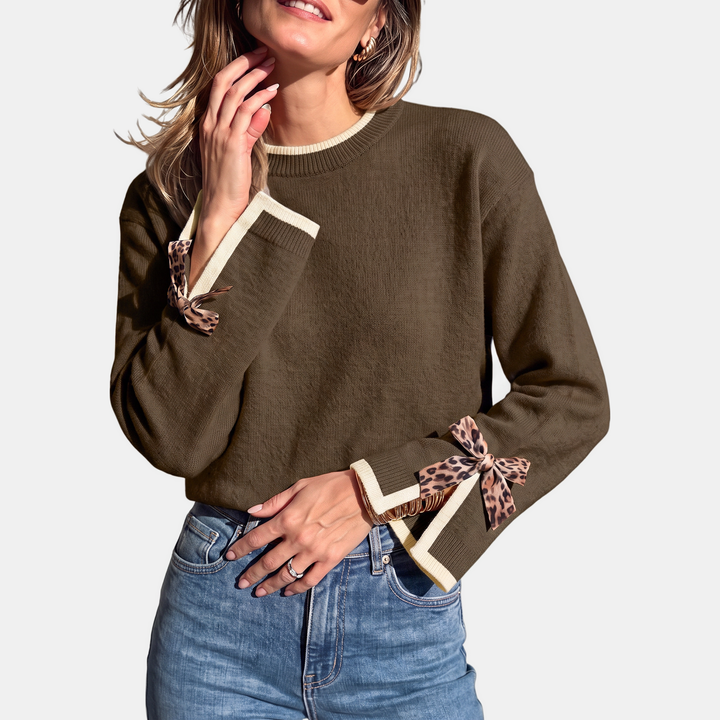 Women's Bow Cuff Crew Neck Knit Pullover Sweater