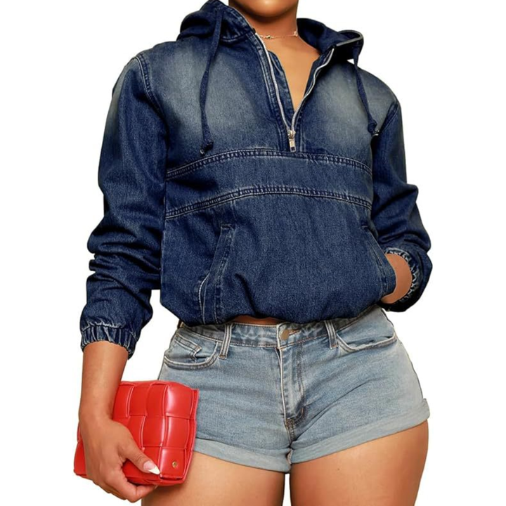 Isabelle | Moto-Inspired Hooded Denim Pullover Jacket