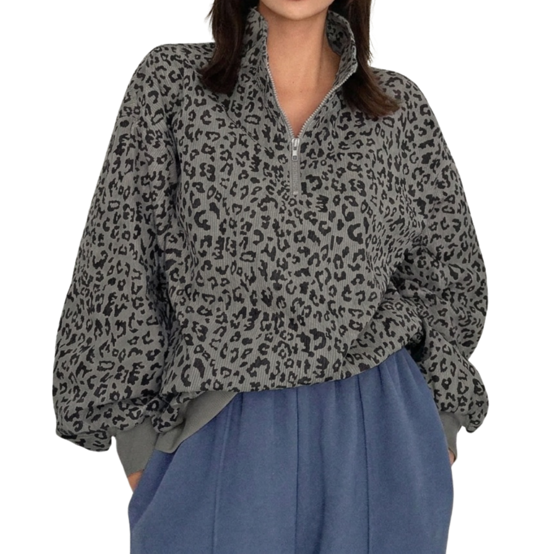 Emily | Leopard Print Zip-Up Corduroy Hoodie