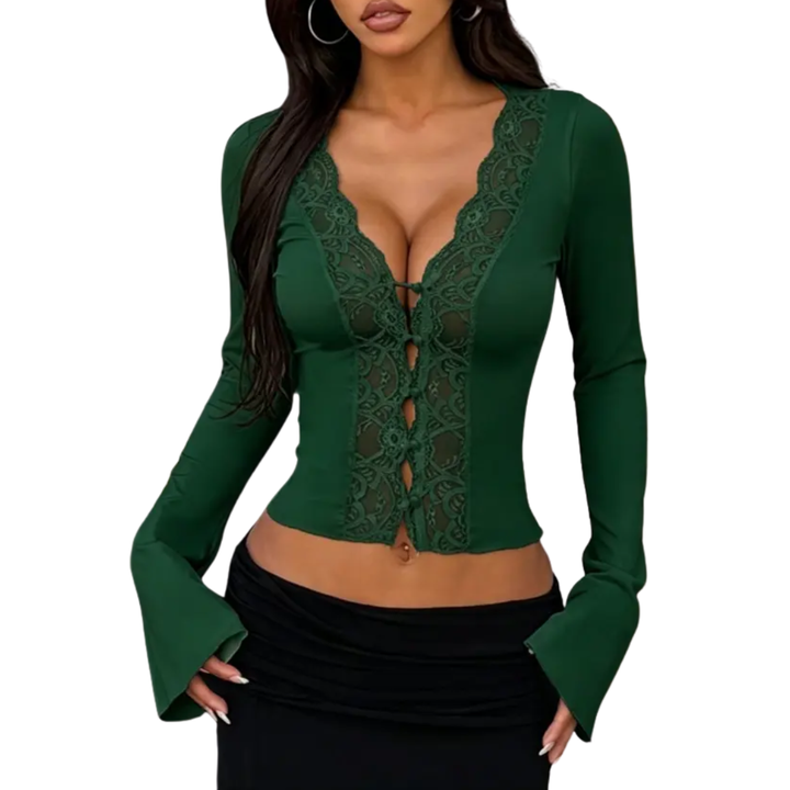 Vanessa | Contrast Lace Button-Front Tee Blouse