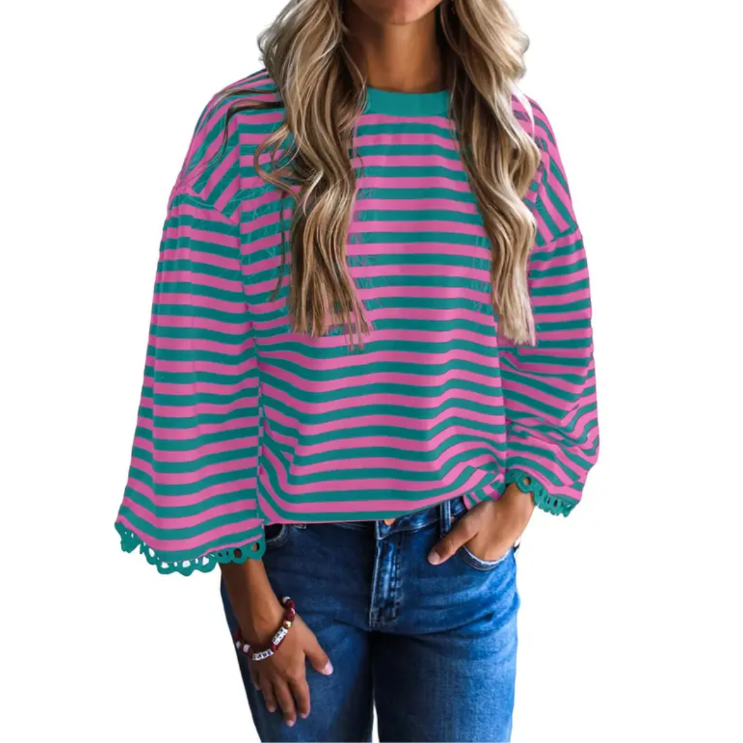 Poppy | Striped Lace Trim Oversized Sweatshirt