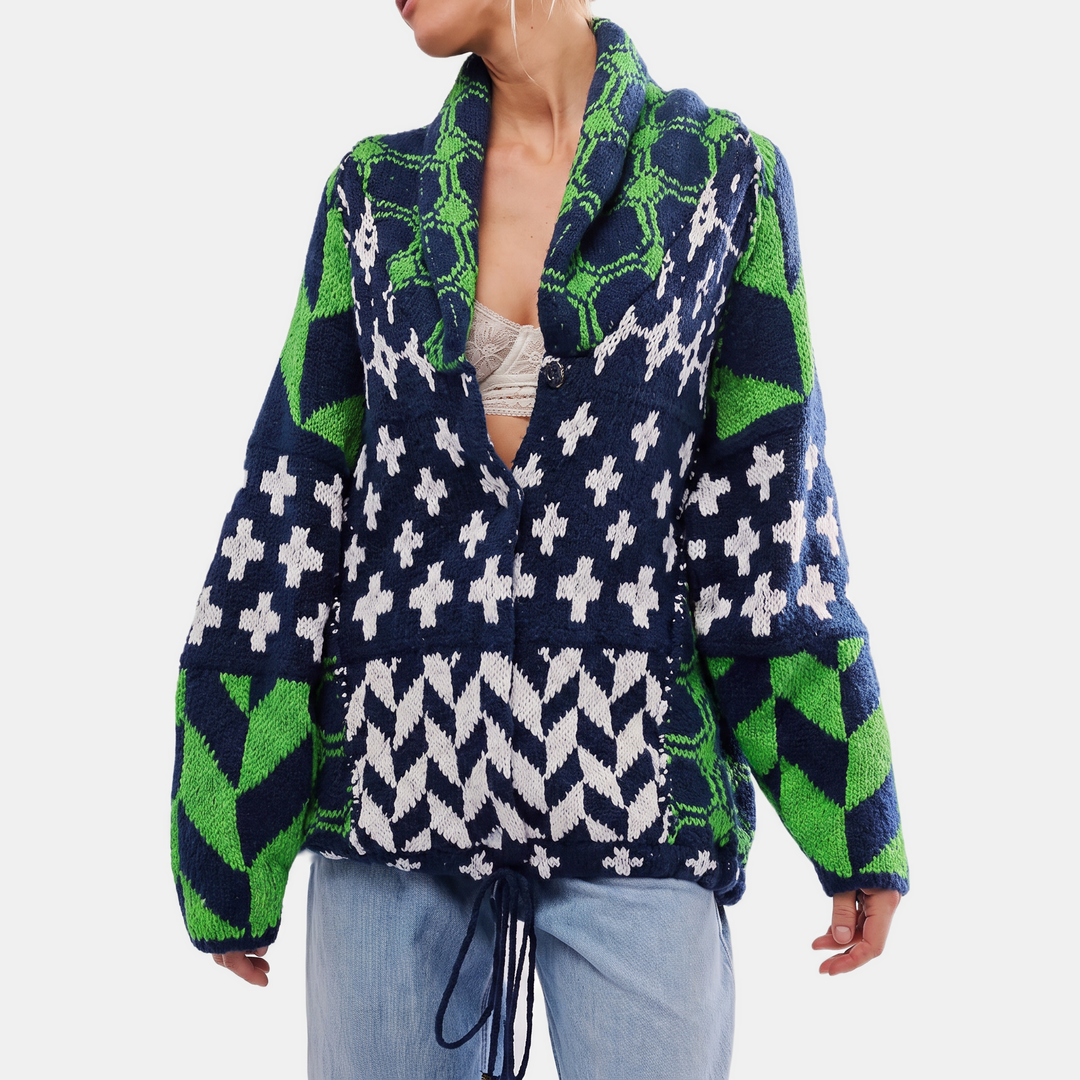 Women's Y2K Abstract Print Lapel Button Down Oversized Knit Cardigan