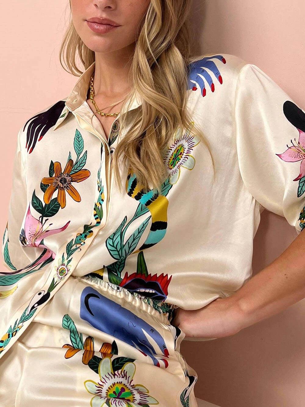 Selma | Satin blouse and pants set with unique print, resort style