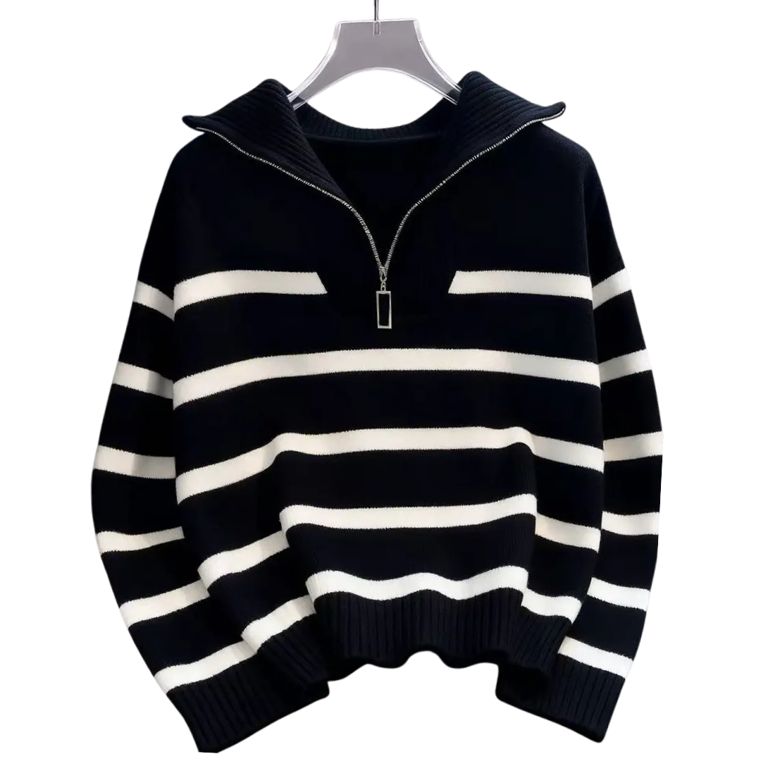 Ruby | Striped Contrast Half-Zip Sweater